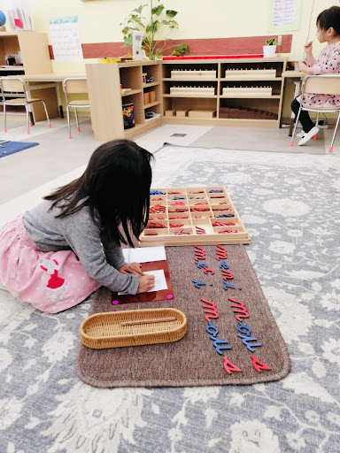 A child works on spelling words with the moveable alphabet, wooden cut out letters which help the child express their ideas before they can write.